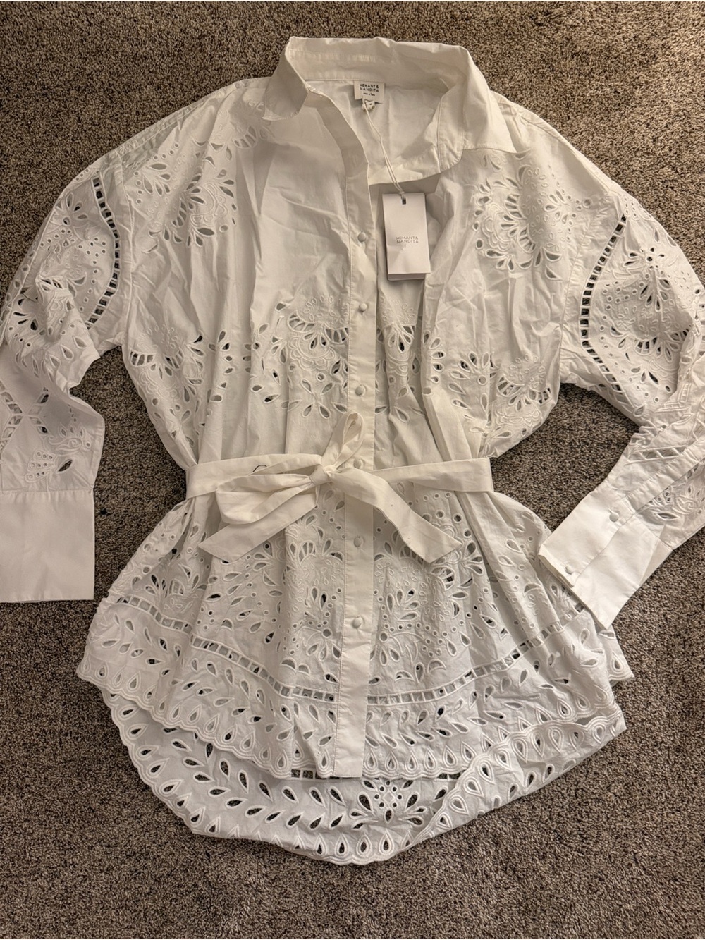 Hemant & Nandita White Eyelet Tie-Waist Button-Up dress Shirt
